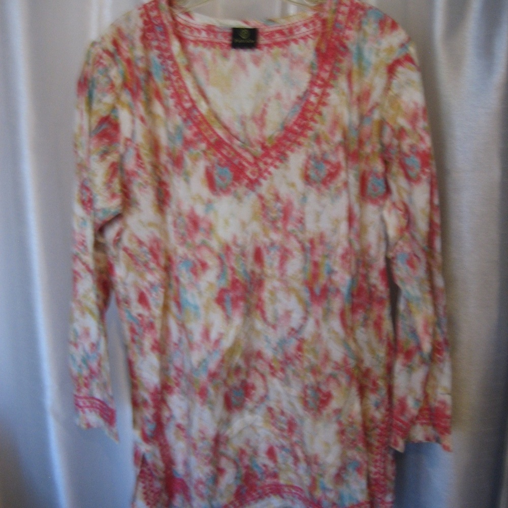 Patrice Multi Color Cotton Tunic V Neck Long Sleeve Shirt Sz XL NWNT